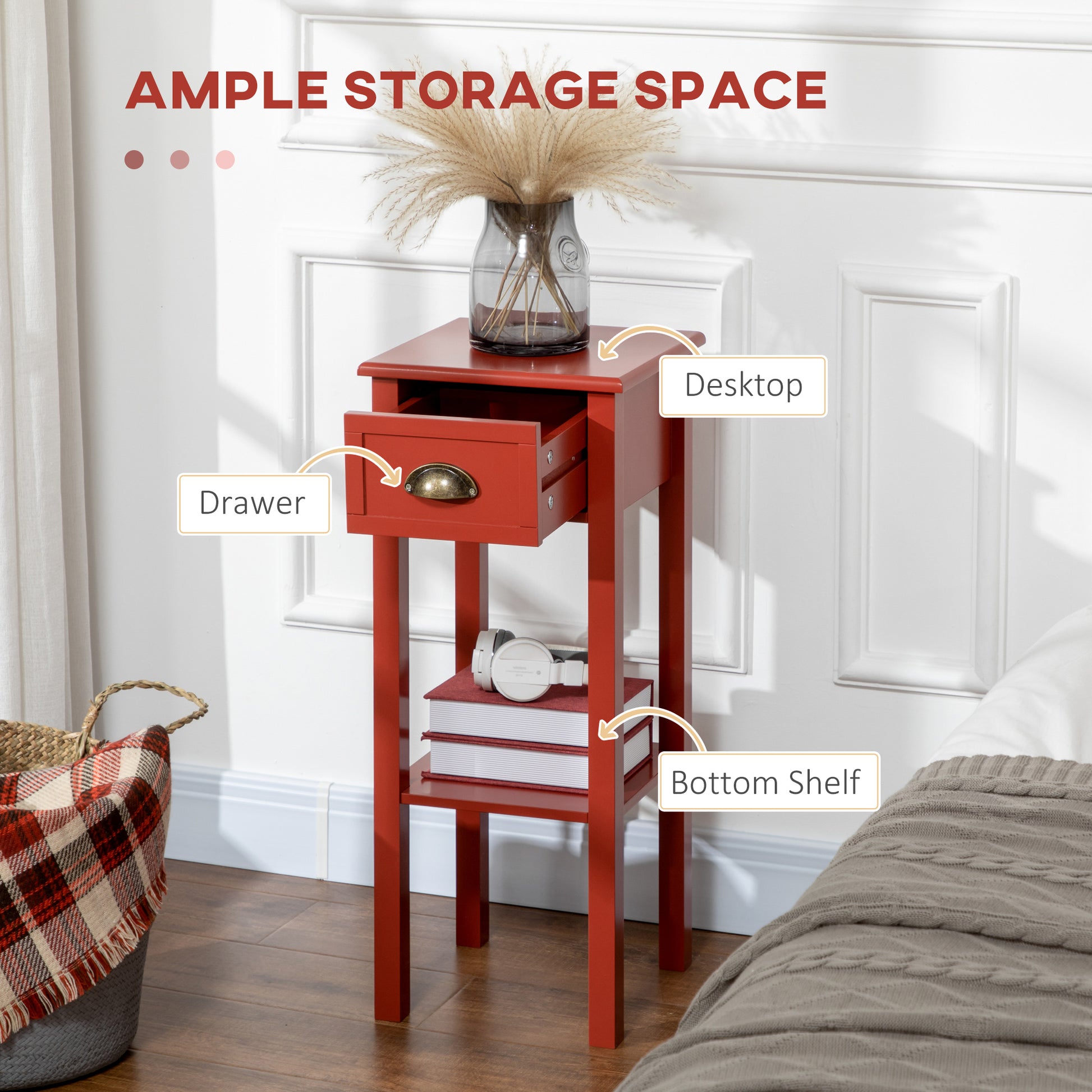 Homcom 2 Tier Side Table With Drawer, Narrow End Table With Bottom Shelf, For Living Room Or Bedroom, Red Red Mdf