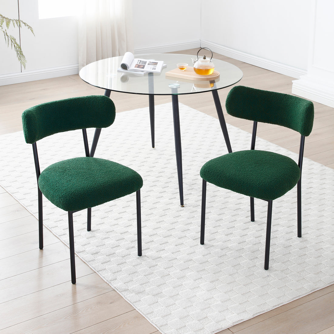 Dining Chairs Set Of 2,Round Upholstered Sherpa Fabric Dining Room Chairs With Curved Backrest,Mid Century Modern Accent Chairs With Black Metal Adjustable Legs For Dining Room,Living Room,Kitchen Green Foam Teddy
