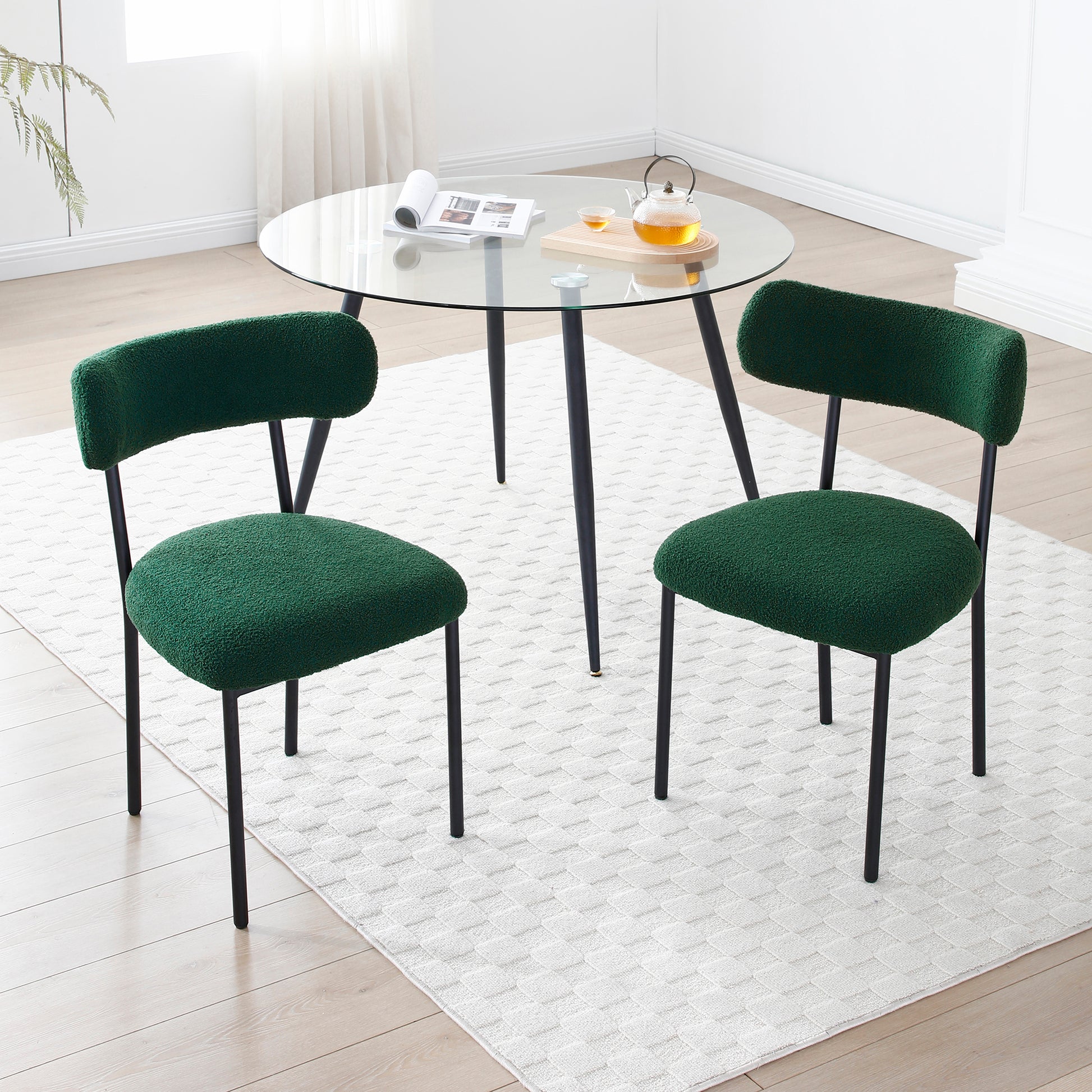 Dining Chairs Set Of 2,Round Upholstered Sherpa Fabric Dining Room Chairs With Curved Backrest,Mid Century Modern Accent Chairs With Black Metal Adjustable Legs For Dining Room,Living Room,Kitchen Green Foam Teddy