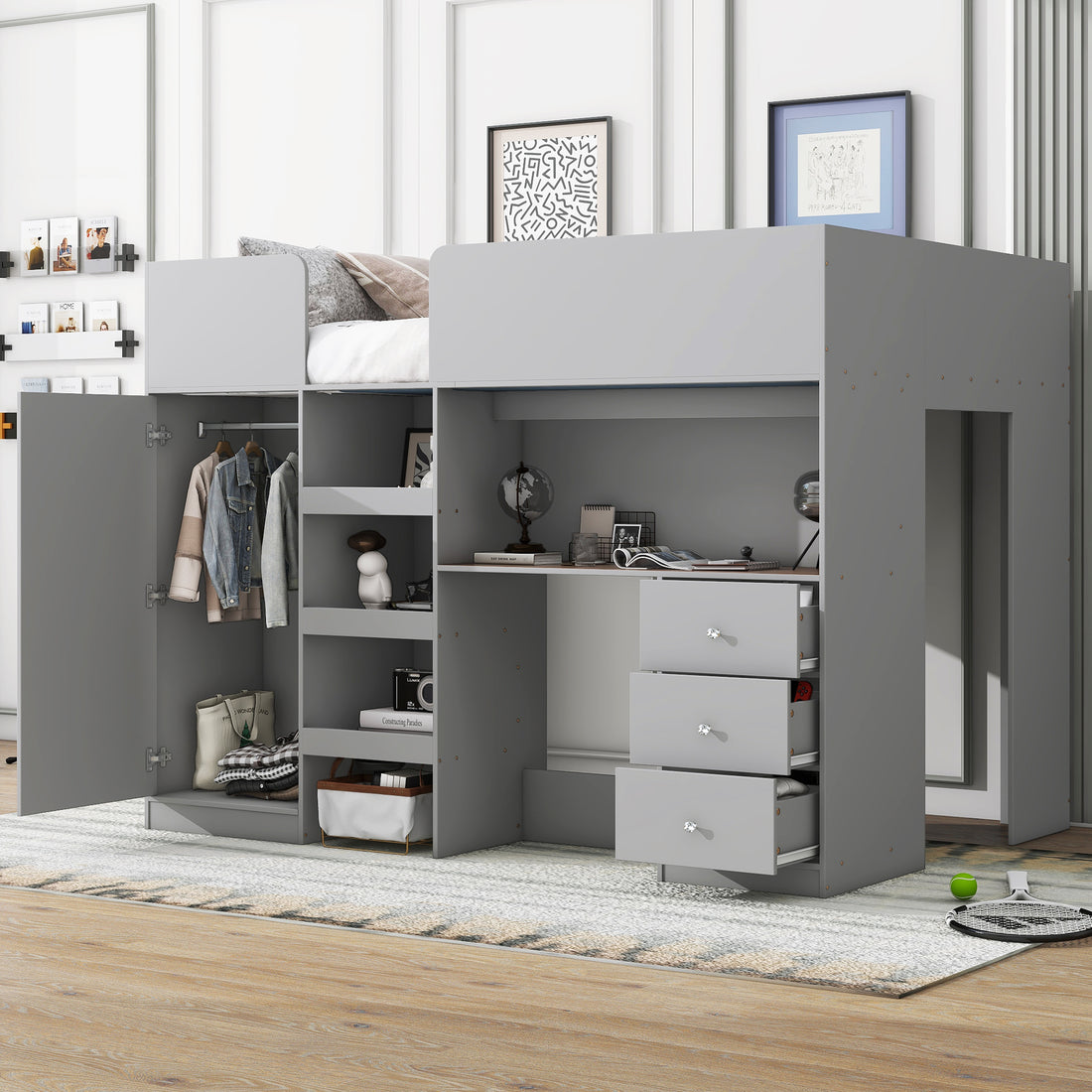 Wood Full Size Loft Bed With Built In Wardrobe, Desk, Storage Shelves And Drawers, Grey Expected Arrival Time: 9.8 Box Spring Not Required Full Grey Wood Bedroom Bed Frame Solid Wood Mdf
