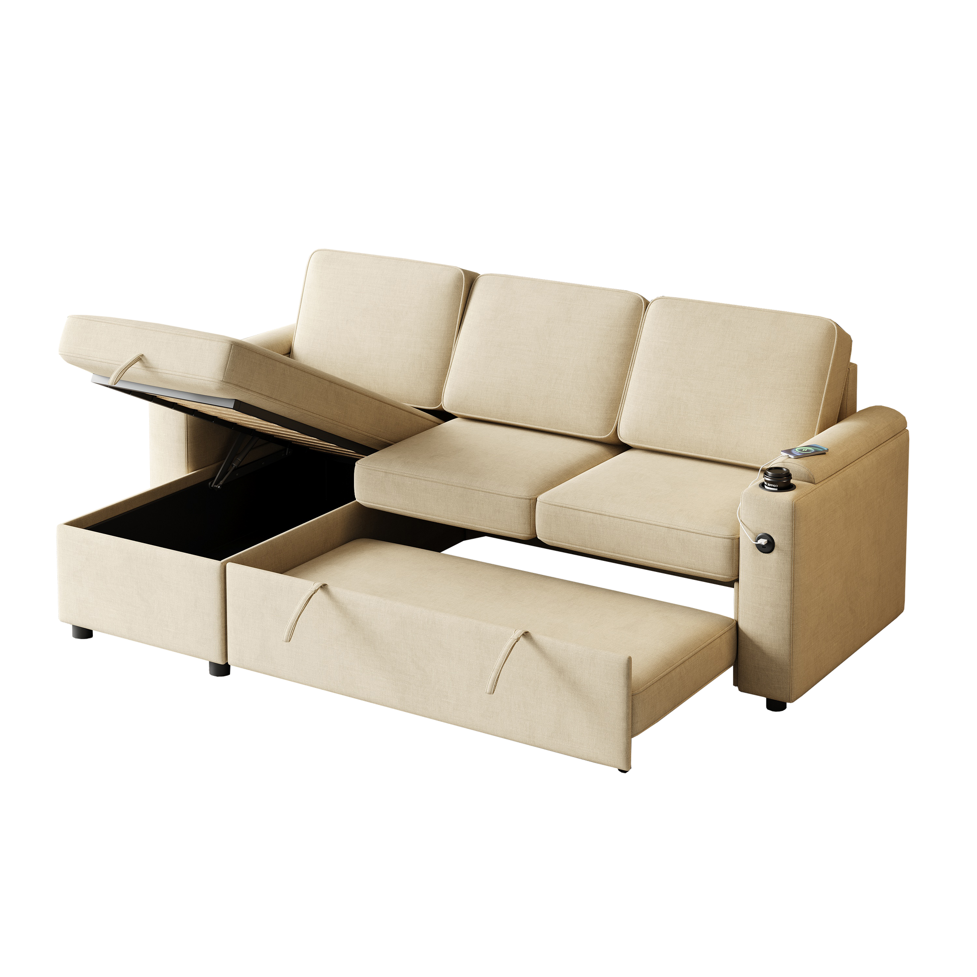 Mh85.8" Sleeper Sofa, Sofa Bed 2 In 1 Pull Out Sofa Bed With Storage Sofa, Sofa Sleeper With Pull Out Bed With Charging Port Beige Primary Living Space Eucalyptus Polyester Fabric 3 Seat