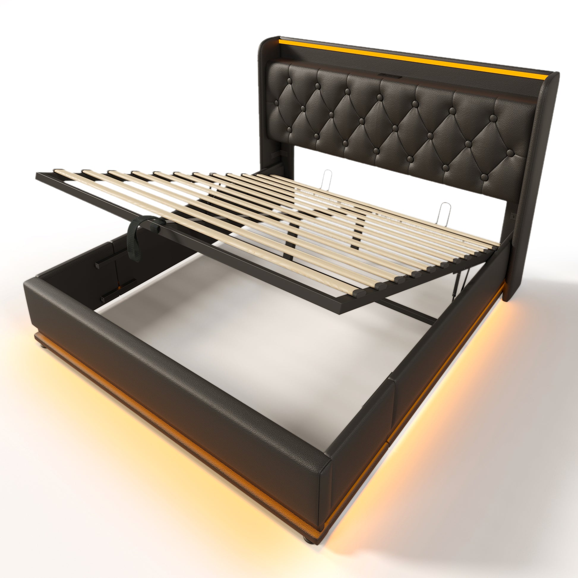 Full Size Upholstered Bed, 360 Surround Led Function, Buttons Apps Remote Control, Hydraulic Storage Bed With Usb Type C Charging, Black,Pu Without Mattress Full Black Pu