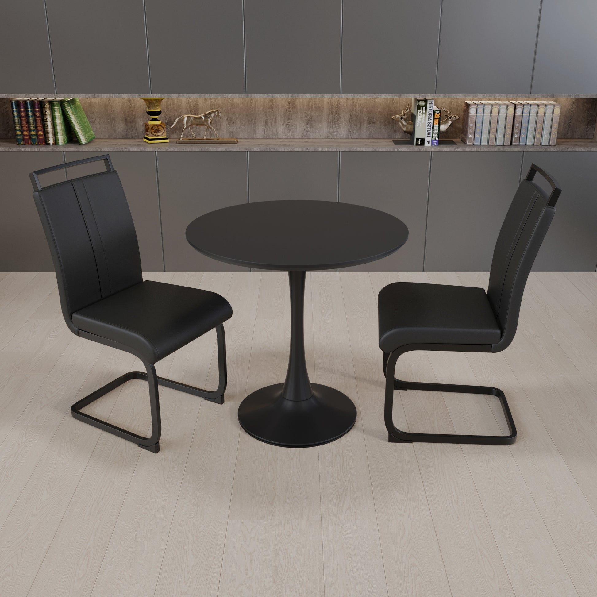 Black Circular Dining Table, 31.5 "Tulip Dining Table, Kitchen Dining Table For 2 4 People, Mdf Tabletop And Base, And 2 Black Pu Black Metal Leg Dining Chairs Set 2 Black Mdf
