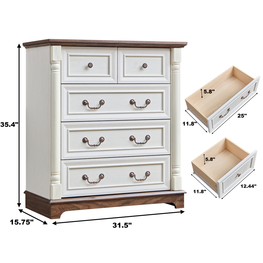 Farmhouse Style 5 Drawer Dresser Chest With Base Wooden Rustic Chest Of Drawers, Storage Dresser Organizer For Bedroom, Living Room, Beautiful Sturdy And Durable Walnut Mdf