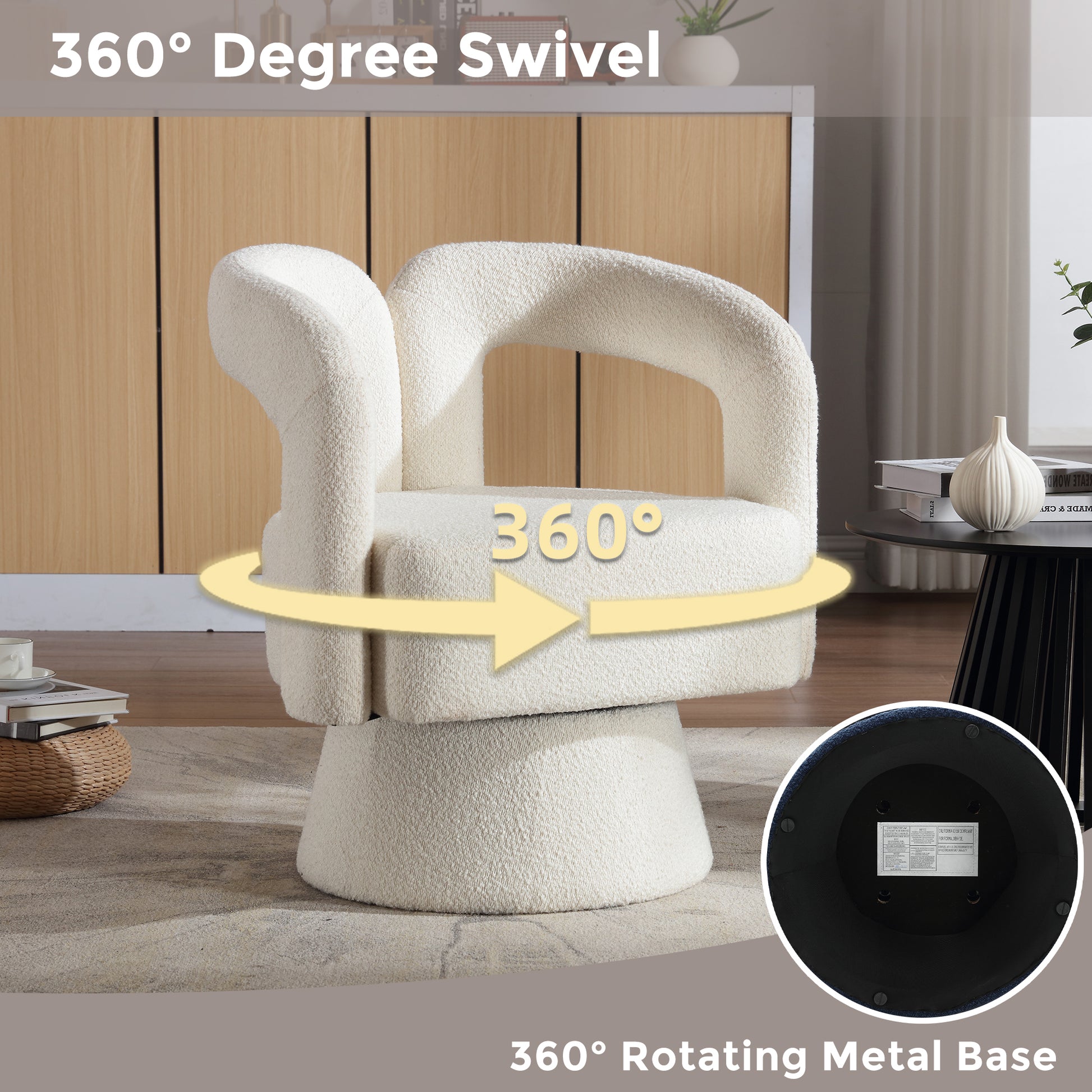 Coolmore 360 Degree Swivel Cuddle Barrel Accent Chairs, Round Armchairs With Wide Upholstered, Fluffy Fabric Chair For Living Room, Bedroom, Office, Waiting Rooms Beige Boucle Beige Foam Boucle