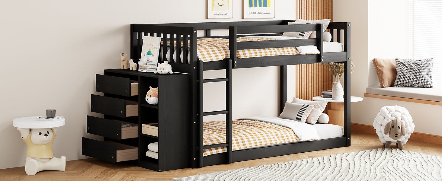 Twin Over Twin Bunk Bed With 4 Drawers And 3 Shelves Espresso Twin Espresso Solid Wood