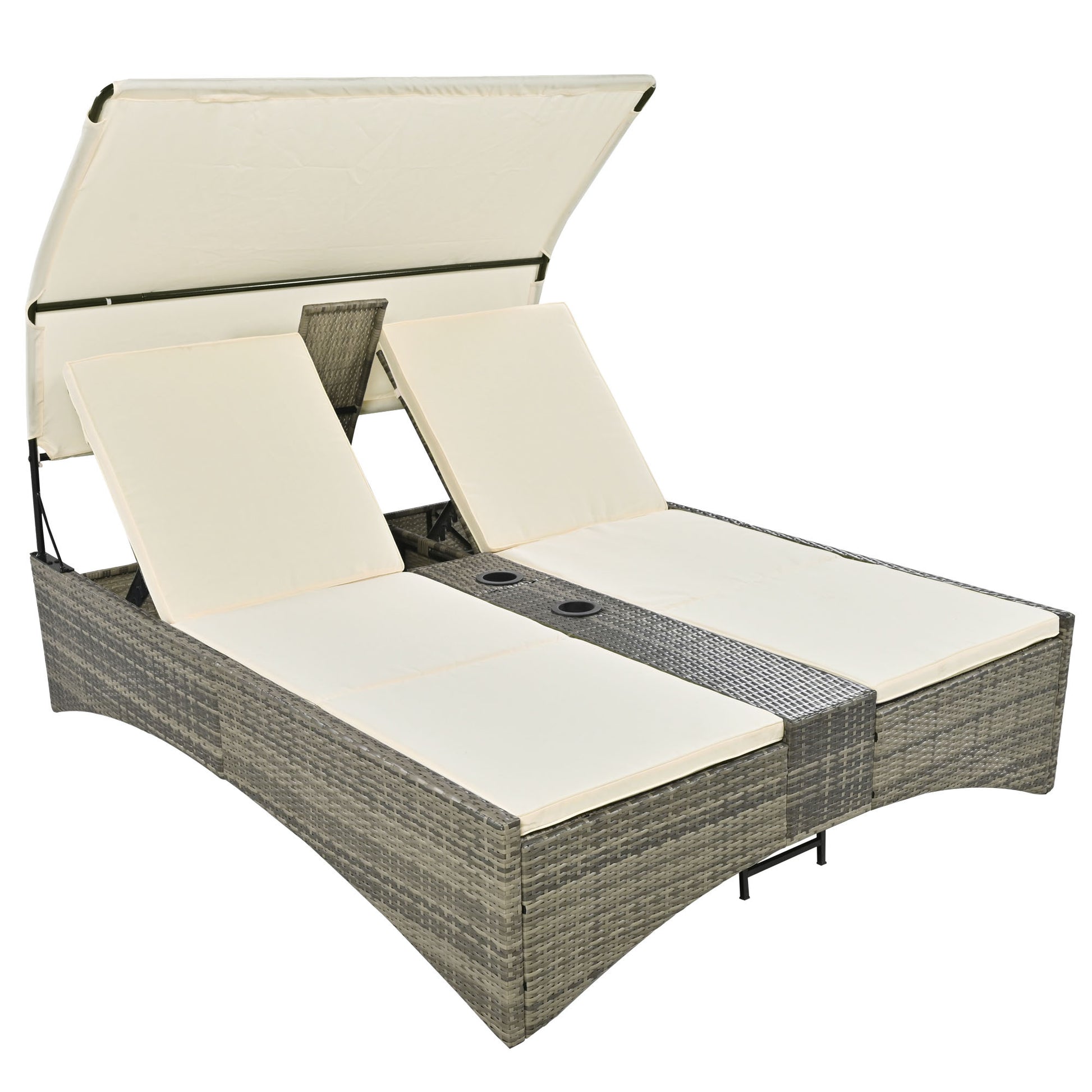 Patio Daybed Outdoor Daybed Outdoor Rattan Sun Lounger With Shelter Roof With Adjustable Backrest, Storage Box And 2 Cup Holders For Patio, Balcony, Poolside,Cream Yes Cream Seats 2 Water Resistant Frame Water Resistant Cushion Garden & Outdoor Sectional