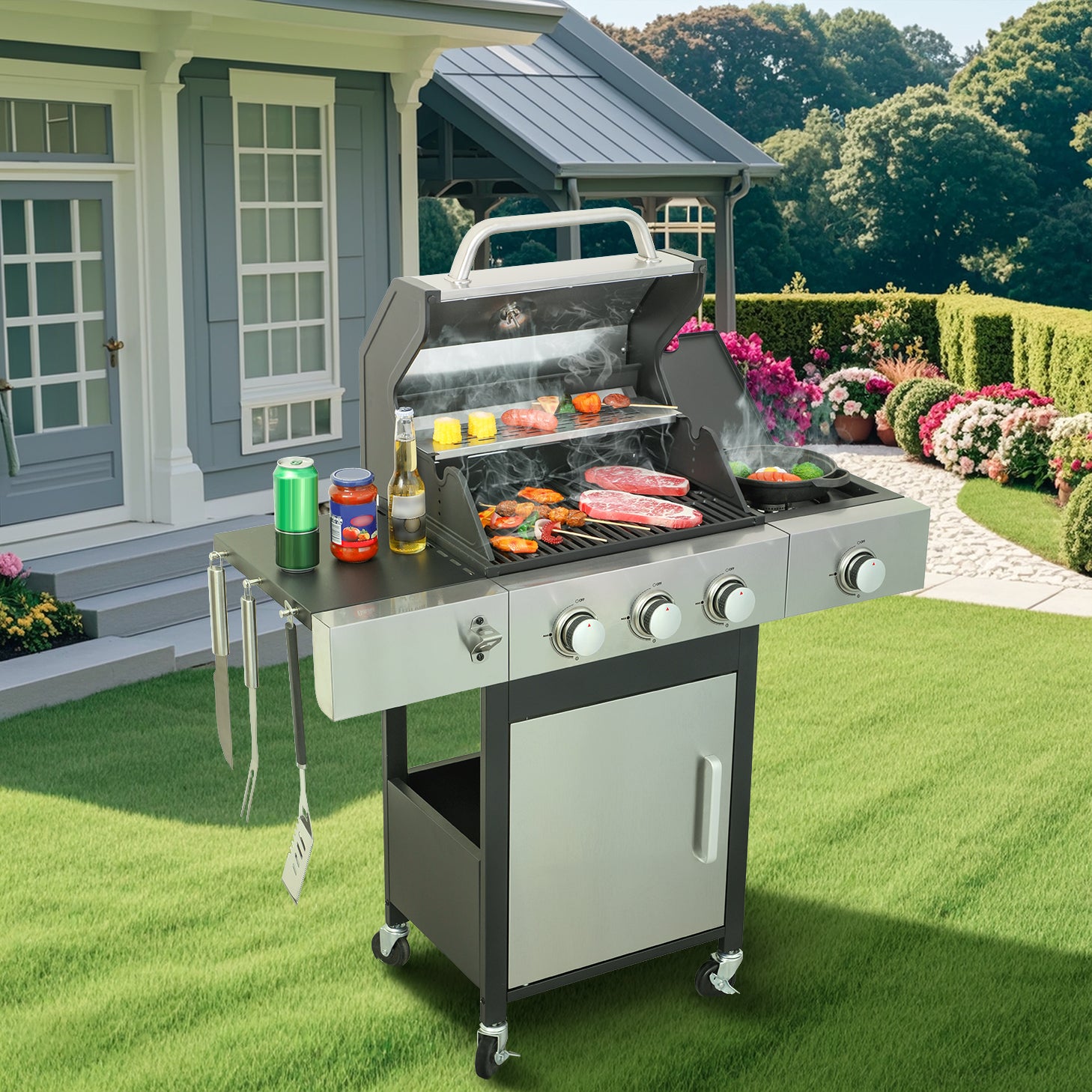 3 Burner Propane Gas Bbq Grill With Side Burner, 37230Btu Output With Enameled Cast Iron Cooking Grids For Outdoor Barbecue, Stainless Steel Black Silver Garden & Outdoor Iron,Stainless Steel