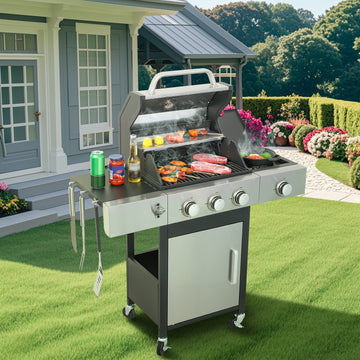3 Burner Propane Gas Bbq Grill With Side Burner, 37230Btu Output With Enameled Cast Iron Cooking Grids For Outdoor Barbecue, Stainless Steel Black Silver Garden & Outdoor Iron,Stainless Steel