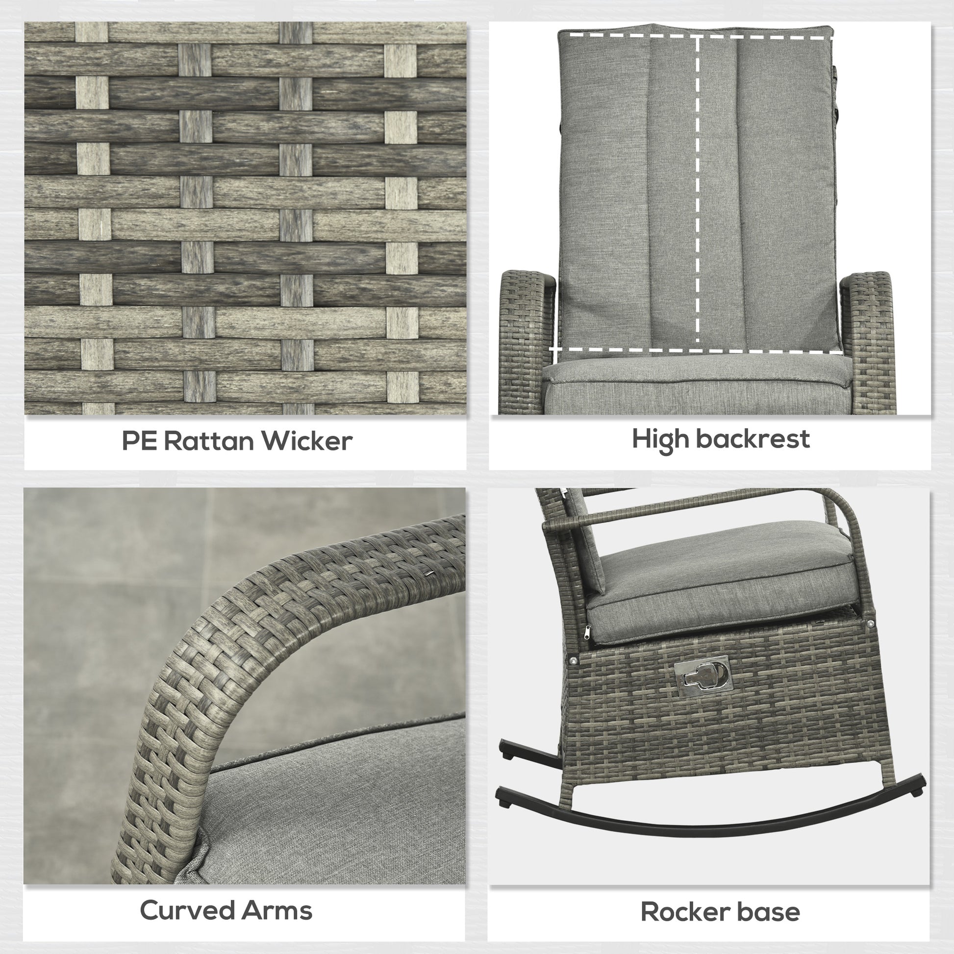 Outsunny Outdoor Rattan Rocking Chair Patio Recliner With Soft Cushions, Adjustable Footrest, Max. 135 Degree Backrest, Pe Wicker, Gray Gray Wicker