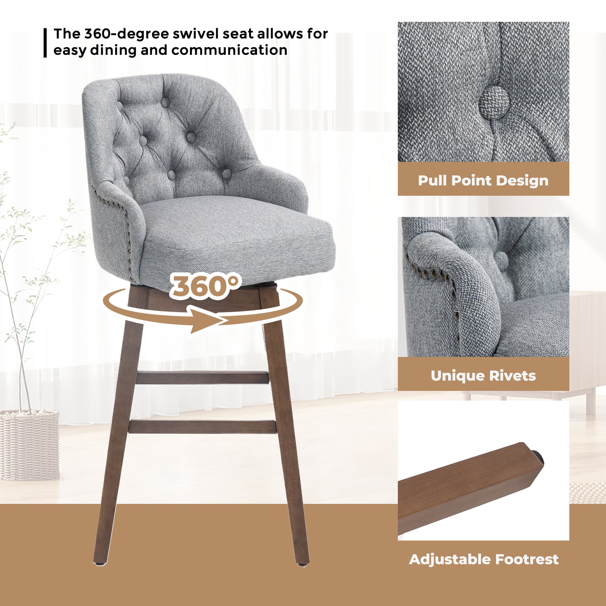 Coolmore Bar Stools Set Of 2 Counter Height Chairs With Footrest For Kitchen, Dining Room And 360 Degree Solid Wood Legs Swivel Bar Stools Set Of 2 Gray Linen Gray Foam Linen