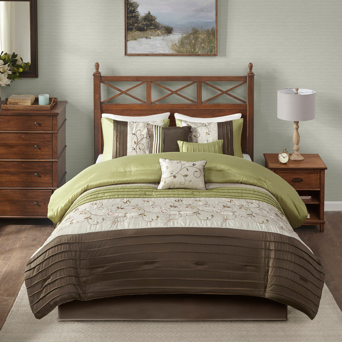 Embroidered 7 Piece Comforter Set Green Queen Queen Green Polyester