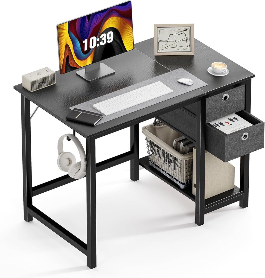 Computer Desk With Drawers 40 Inch Office Writing Work Kids Study 2 Tier Wood Corner Table With Storage Drawers Shelf For Bedroom Home Office Black Wood Black Wood
