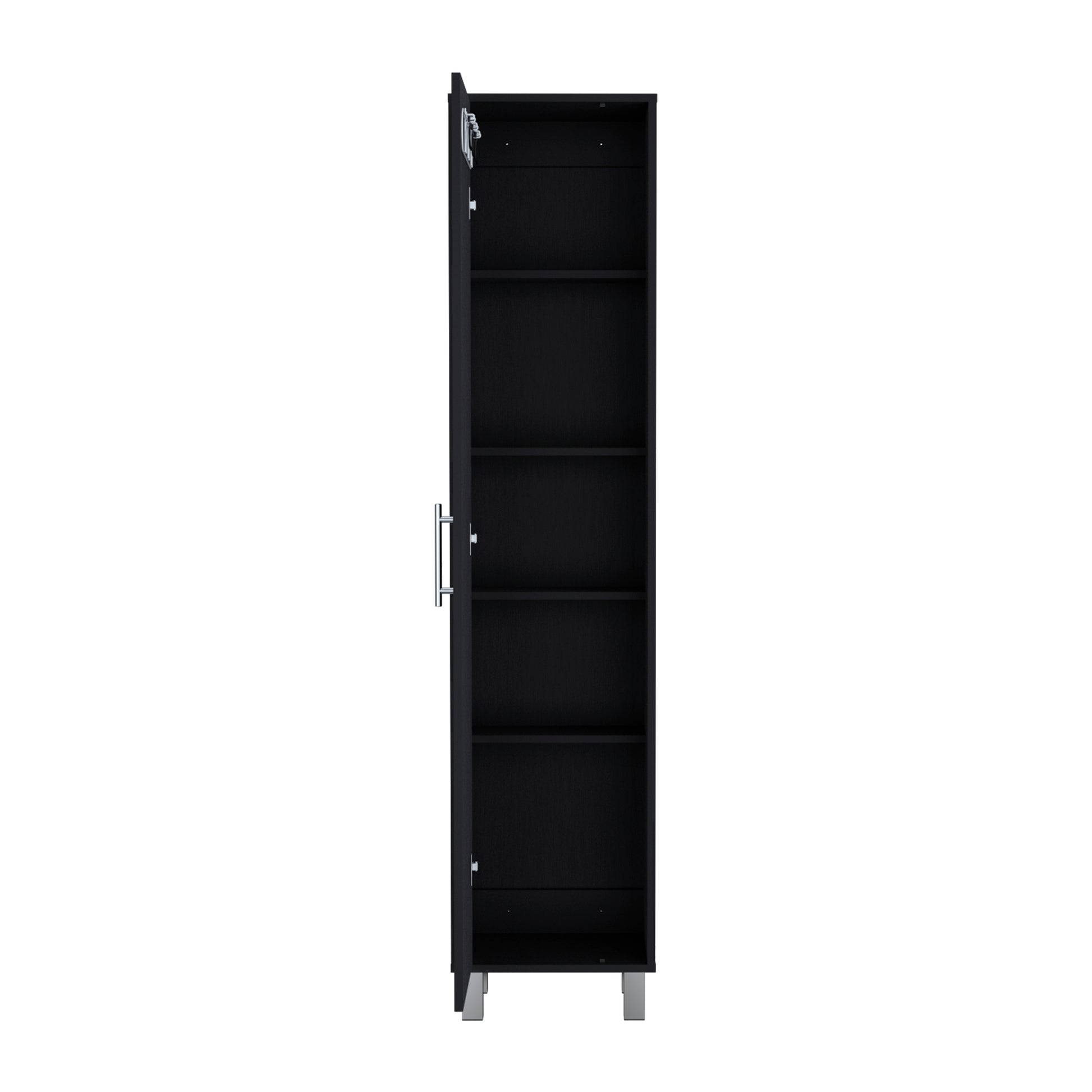 Storage Cabinet 71"H With 5 Tier Shelf, 3 Broom Hangers And Metal Hardware, Black Black Solid Wood Mdf Engineered Wood