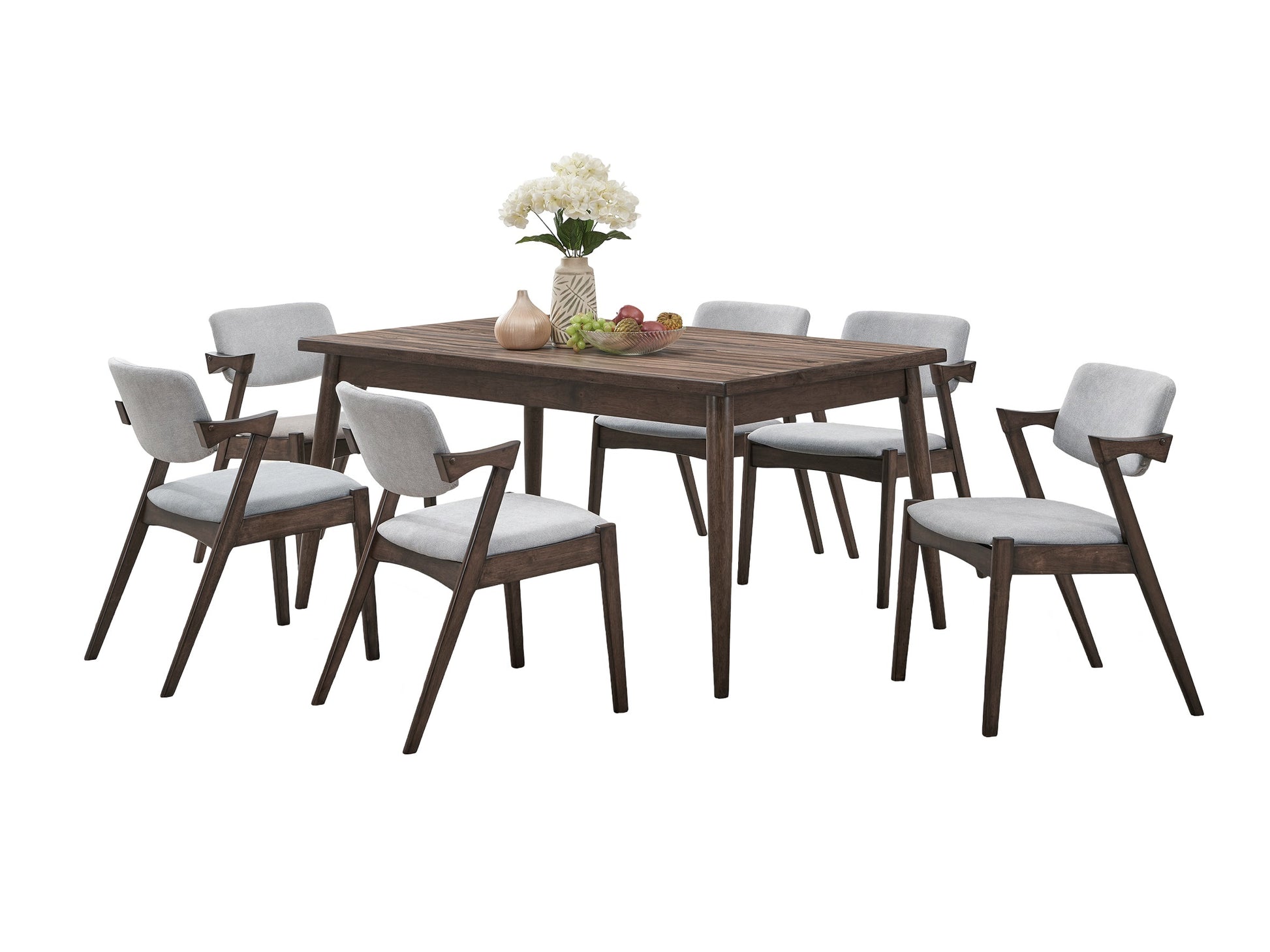 Modern 7Pc Dining Set Ash Walnut Finish Dining Table 6X Side Chairs Foam Cushion Fabric Upholstery Unique Back Design Wood Dining Room Rubberwood Rectangular Dining Table With Chair Upholstered Chair Wood Walnut Solid Back Seats 6