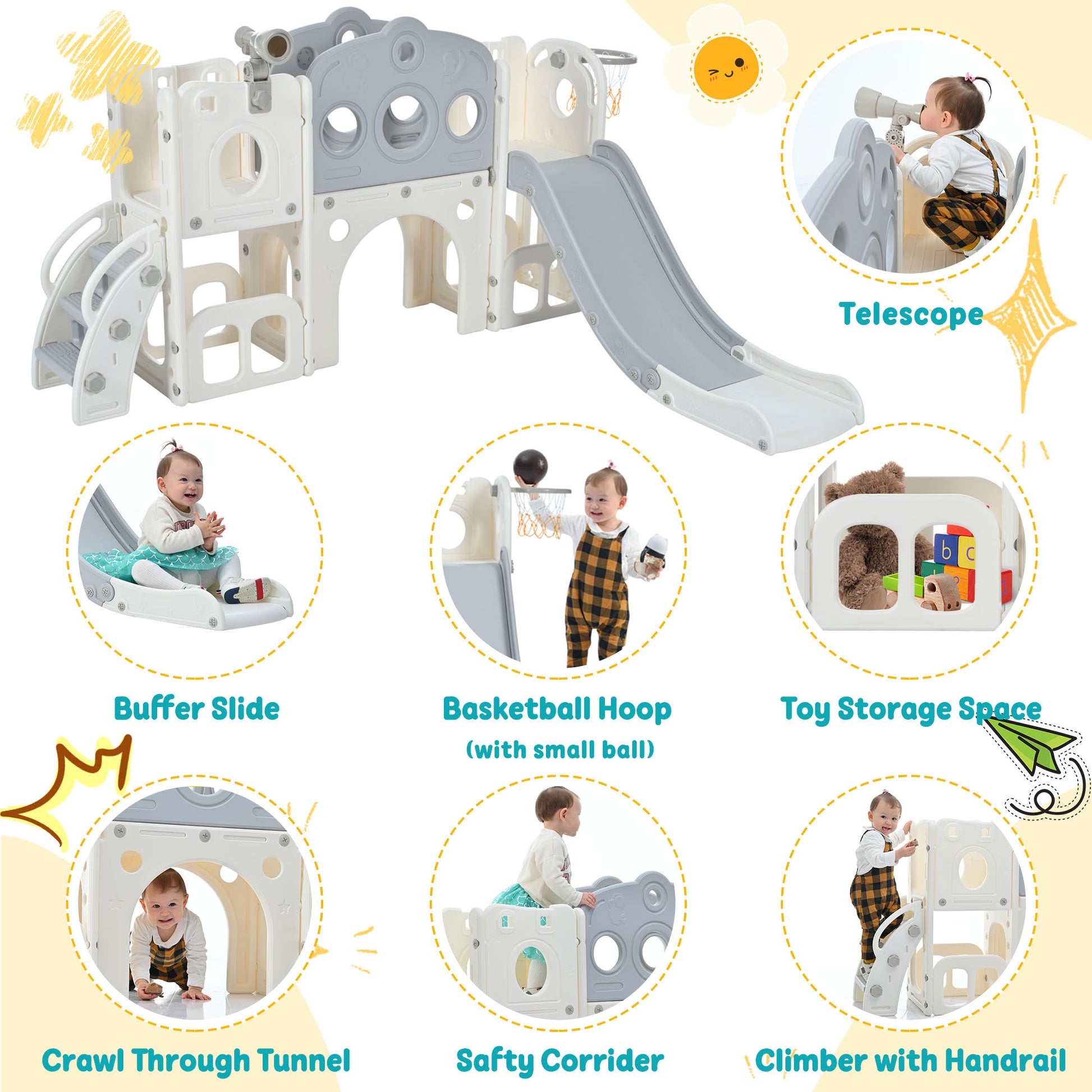 7 In 1 Toddler Slide Set, Freestanding Space Set With Slide, Kids Slide Playset Structure, Arch Tunnel And Basketball Hoop, Toy Storage Organizer For Toddlers, Kids Climbers Playground Grey White 50 99 Lbs Cute 1 To 2 Years Hdpe Indoor & Outdoor Use