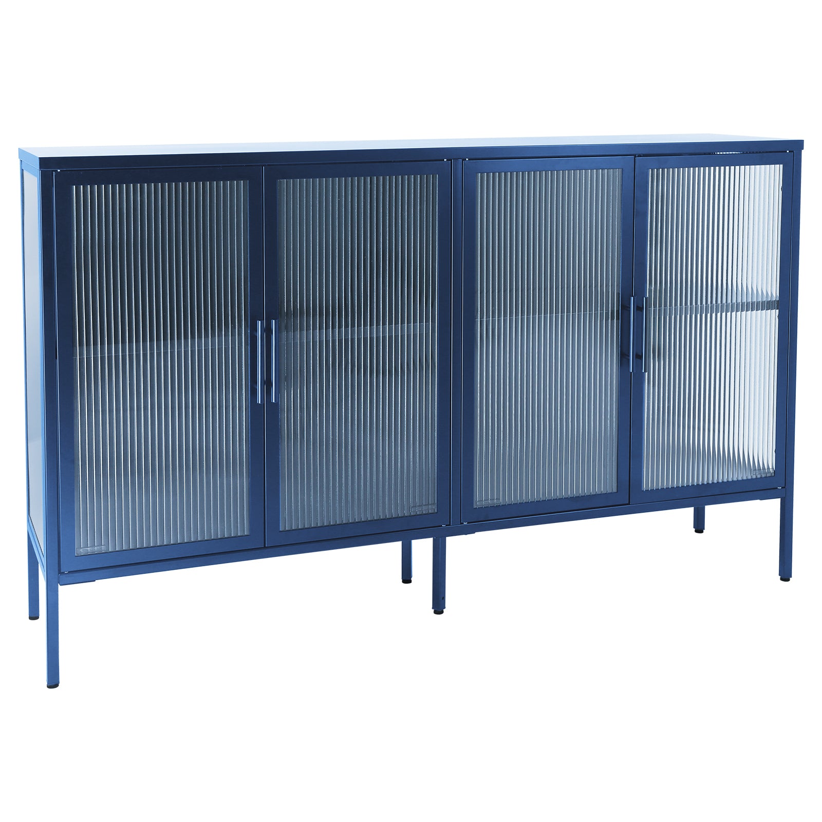 Stylish 4 Door Tempered Glass Cabinet With 4 Glass Doors Adjustable Shelf And Feet Anti Tip Dust Free Fluted Glass Kitchen Credenza Blue Blue Tempered Glass Sheet Metal Plastic