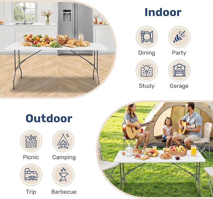 6Ft Folding Table Portable, Heavy Duty Table With Handle For Camping, Picnic, Party, Indoor & Outdoor Use, Easy To Clean & Space Saving Design White Steel