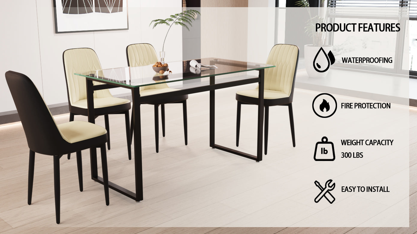 51" 4 Person Glass Dining Table Set, Kitchen Set With Black Metal Leg Dining Table And Chairs, Modern Rectangular Tempered Glass Tabletop And Dining Room Thick Cushioned Pu Dining Chairs Beige Black