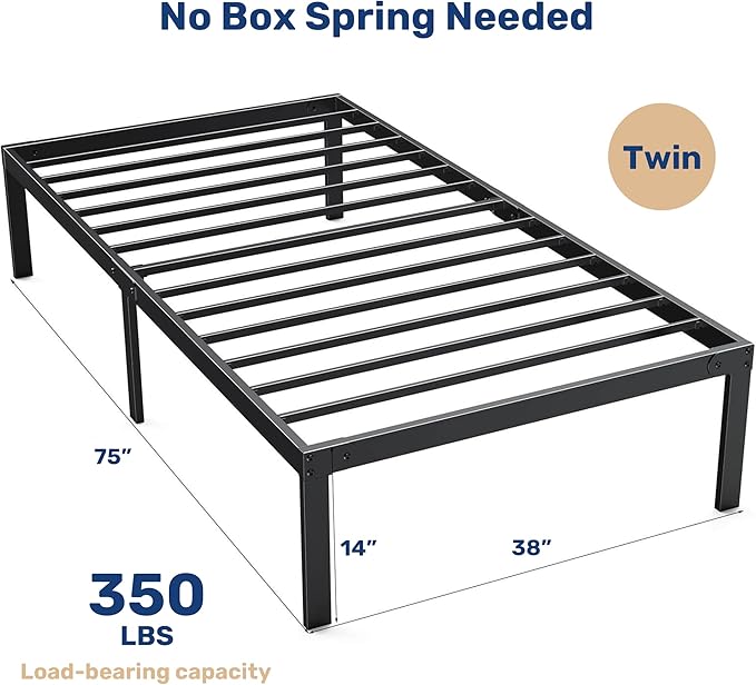Twin Size Bed Frame, 14 Inch Platform Bed No Box Spring Needed, Sturdy Metal Bed Frame Twin Size, Storage Space Under The Bed Heavy Duty Frame Bed, Black Black Metal