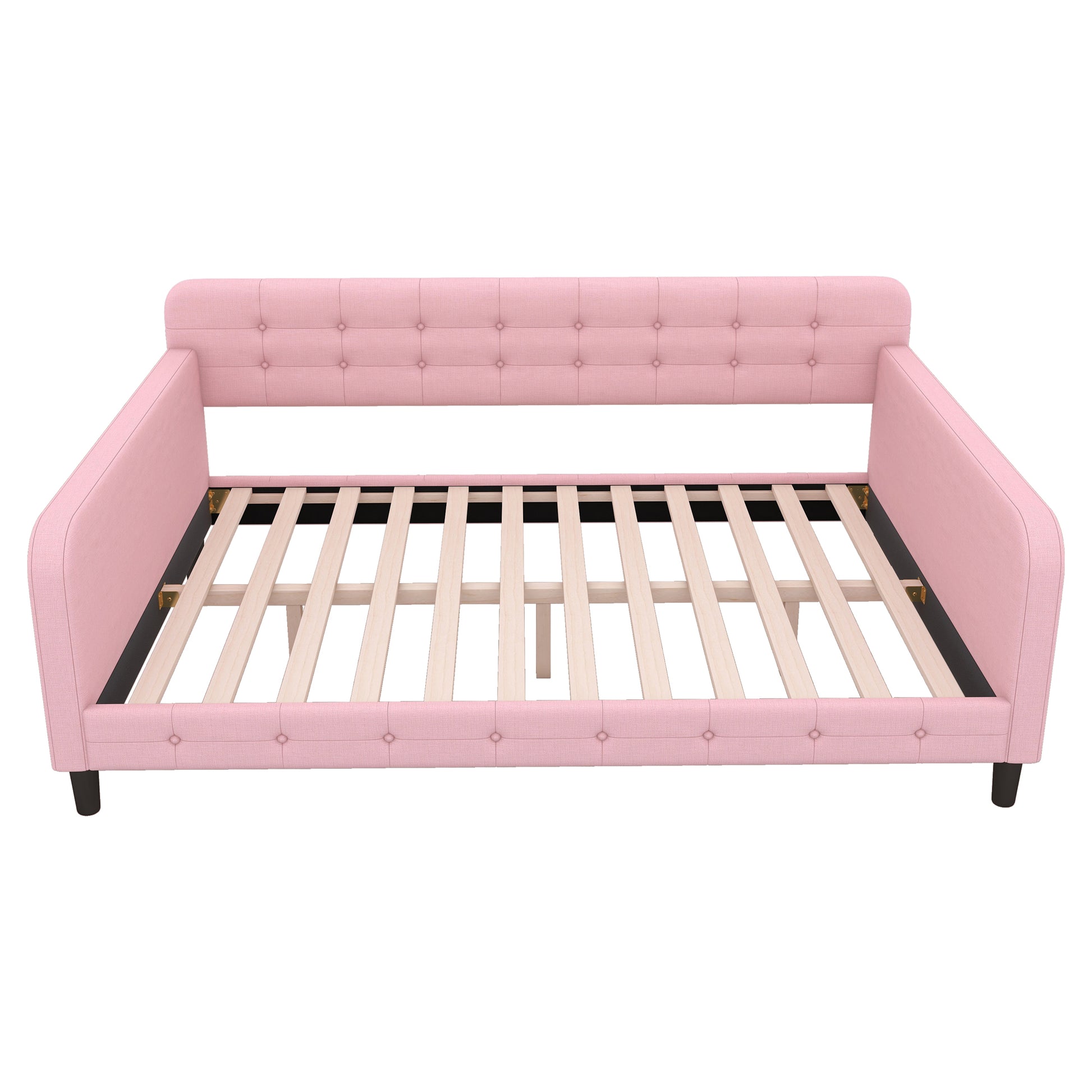Full Size Upholstered Tufted Daybed With 4 Support Legs, Pink Box Spring Not Required Full Pink Wood Bedroom Daybeds Linen Upholstered