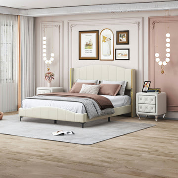 3 Pieces Bedroom Set With Queen Size Pu Leather Upholstered Platform Bed And Elegant Pu Nightstand With 2 Drawersbeige Box Spring Not Required Queen Beige 3 Piece Set Pu