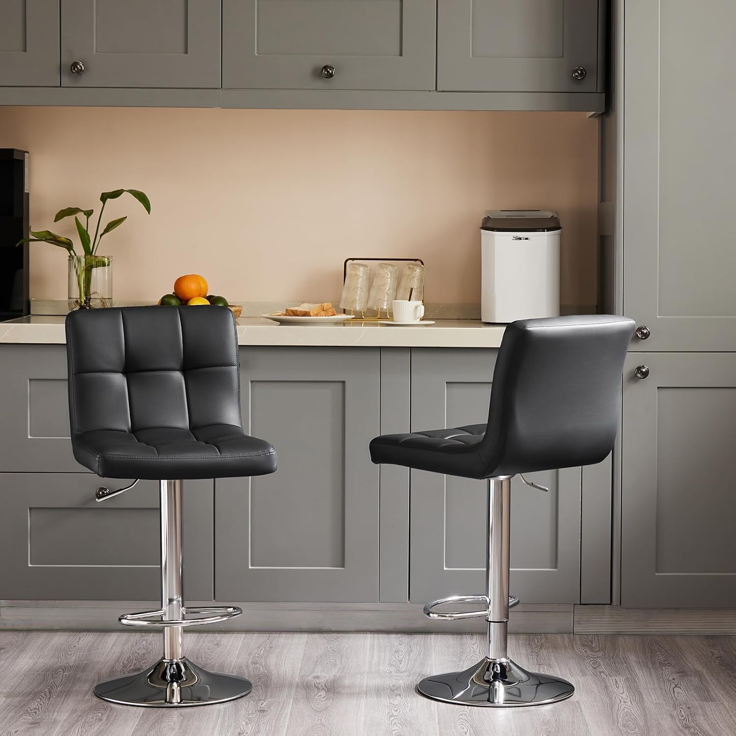 Bar Stools Set Of 2, Pu Leather Adjustable Swivel Barstools, Armless Adjustable Kitchen Counter Height Bar Stools, Thickened Seat Cushion Square Island Chairs With Back, Black Black Metal