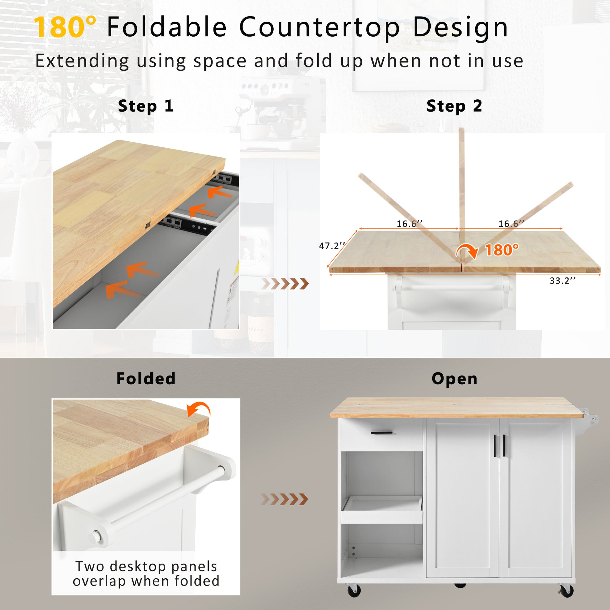 K&K Kitchen Island With Foldable Counter Top, Kitchen Storage Cart With Slide Out Shelf, Towel Rack And Drawer, Rolling Kitchen Cart On Wheels, For Kitchen, Living Room, Dining Room, White White Brown Kitchen Classic,Farmhouse,Luxury,Modern Rectangular