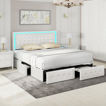 Full Size Led Bed Frame With 4 Storage Drawers, Smart Control Rgb Led Lights On Headboard,With Remote Control, Upholstered Adjustable Headbaord,Pu Leather White Pu Mdf Metal