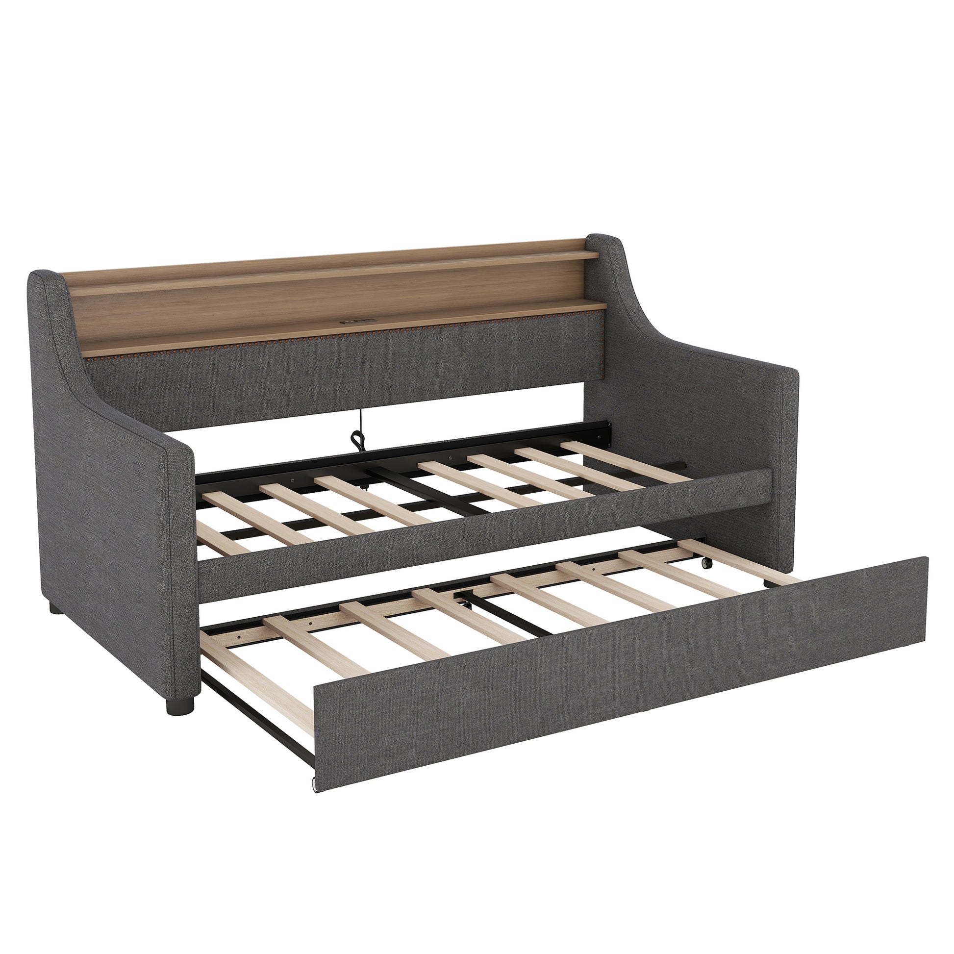 Twin Size Daybed With Trundle Bed, Upholstered Daybed With Charging Station And Led Lights, Gray Twin Gray Linen