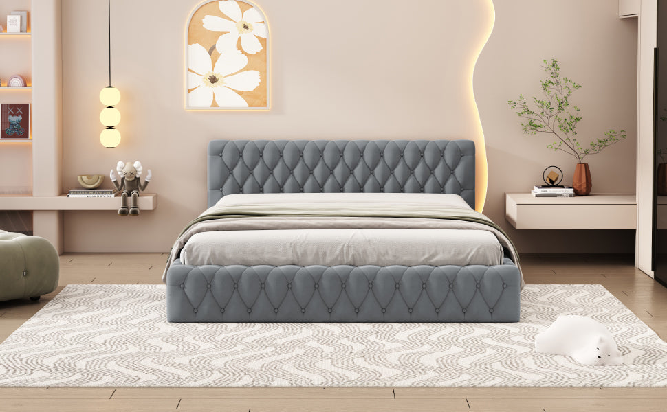 Queen Size Velvet Upholstered Platform Bed, With Luxurious Diamond Grid Headboard,Gray Queen Gray Plywood
