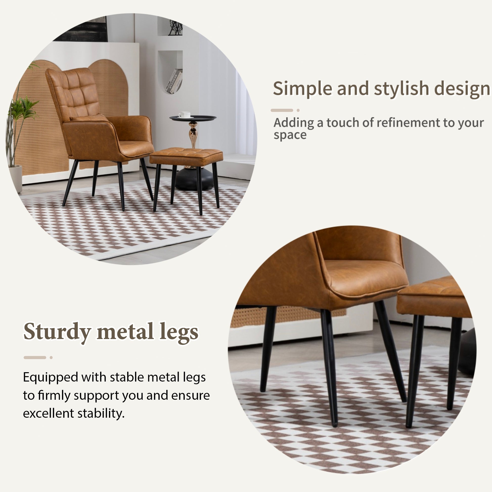 Pu Leather Accent Chair, Upholstered High Backrest Arm Chair With Solid Metal Legs, Tufted Button Design Reading Chair, Sofa Chair For Bedroom, Living Room, Office, Brown Brown Bedroom Casual Foam Pu Leather