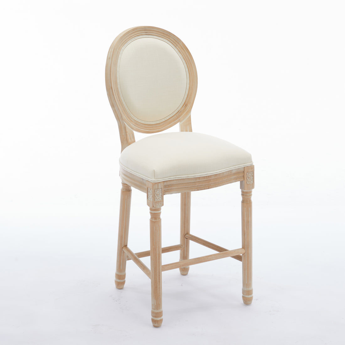 Solid Wood Bar Stools Set Of 2, Classic French Country Wooden Barstools With Upholstered Seating Beige Fabric Wood Fabric