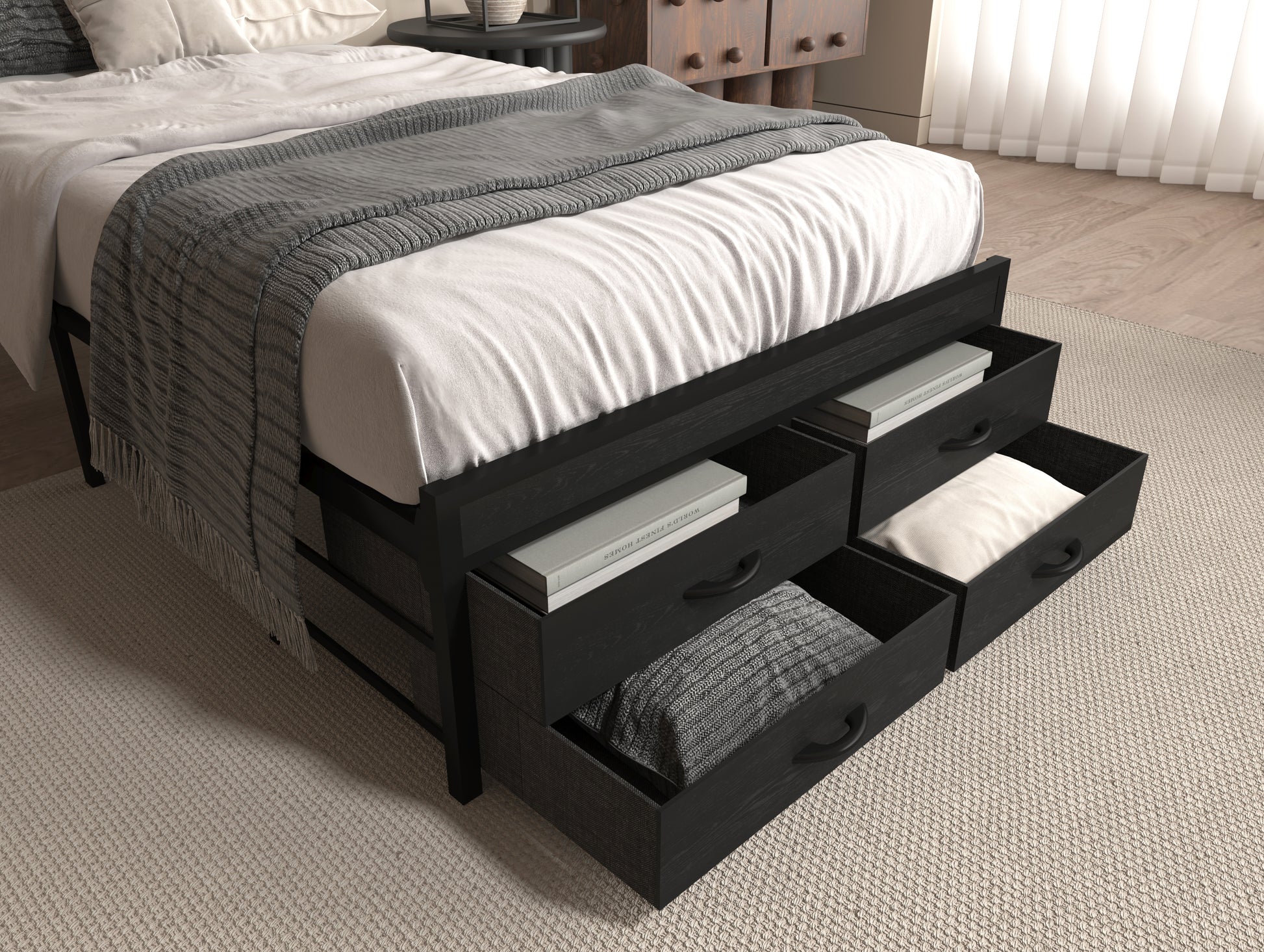 Twin Bed Frames With Headboard, Twin Size Bed Frames With Storage Drawers, Twin Bed, Black Metal Platform Bed Frame, Single Bed Frame, No Box Spring Needed Black Mdf Metal