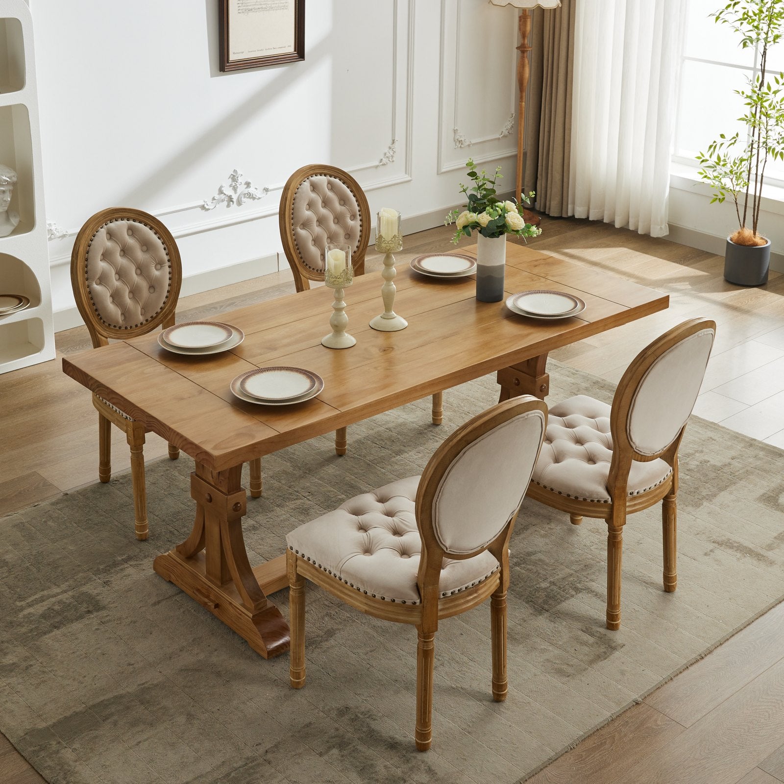 French Style Solid Wood Frame Antique Painting,Hand Pulled Buckle Decoration Velvet Artificial Leather Dining Chair With Trim ,Wood Legs,Steel Spring Inner,Set Of 2,Beige,Sw1739Bg Beige Dining Room American Design Dining Chairs Rubberwood Set Of 2 Foam