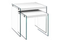 Nesting Table, Set Of 2, Side, End, Accent, Living Room, Bedroom, Glossy White Laminate, Clear Tempered Glass, Contemporary, Modern White Mdf