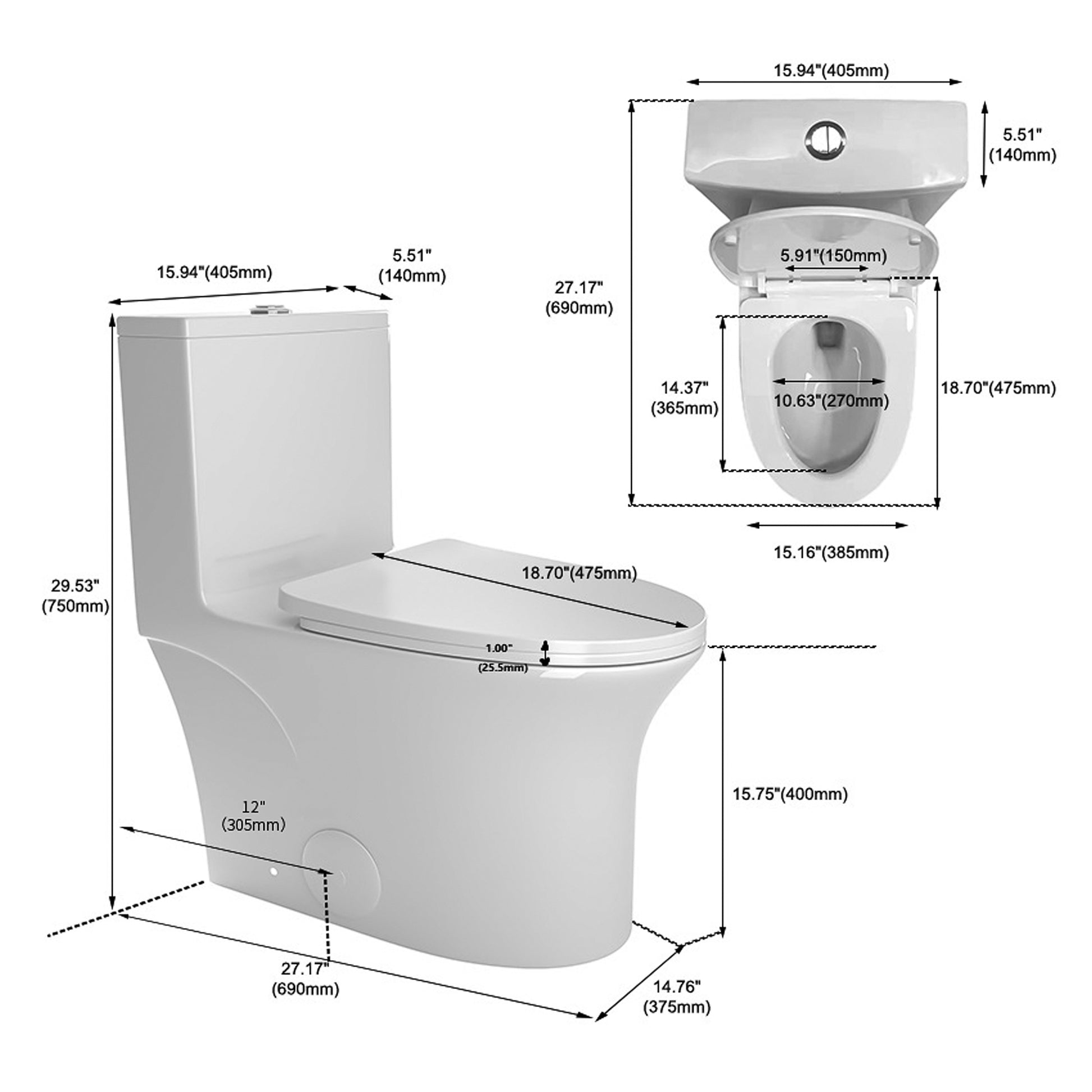 1.1 1.6 Gpf Elongated Comfort Height Floor Mounted One Piece Toilet, Cupc Certified, Watersense Cetified, Ceramic, White Color, Soft Close Seat White Ceramic