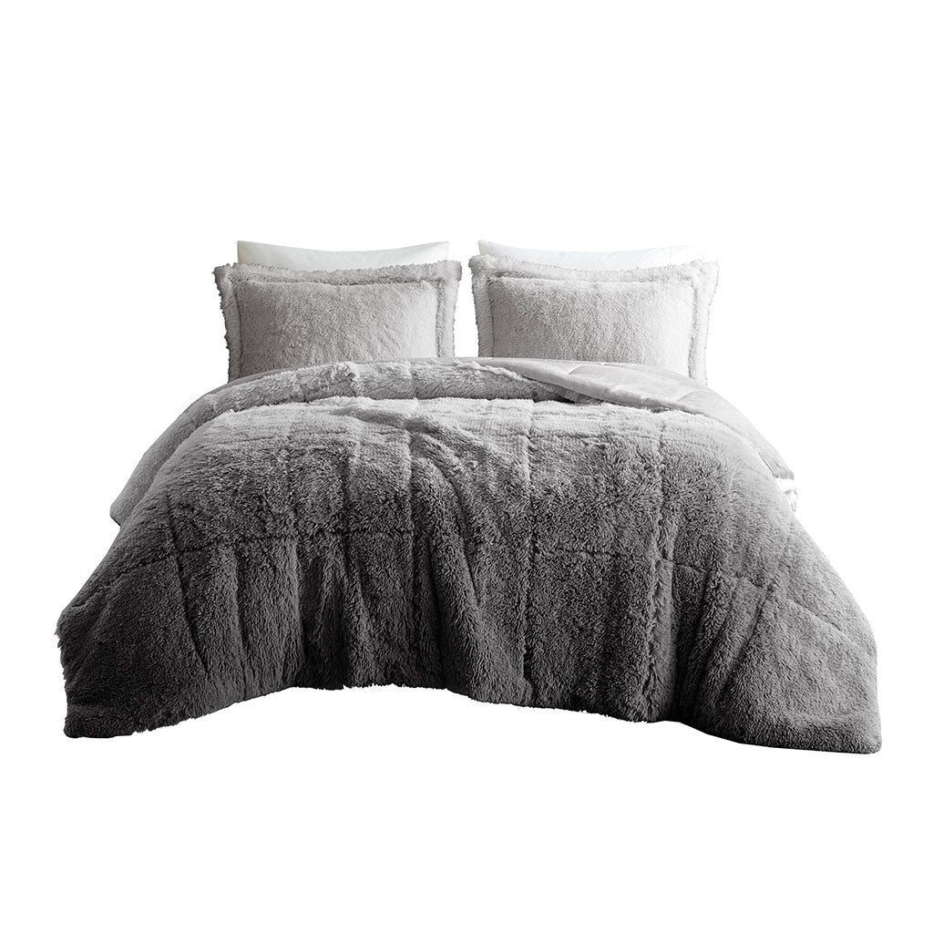Ombre Shaggy Long Fur Comforter Mini Set Twin Grey Polyester