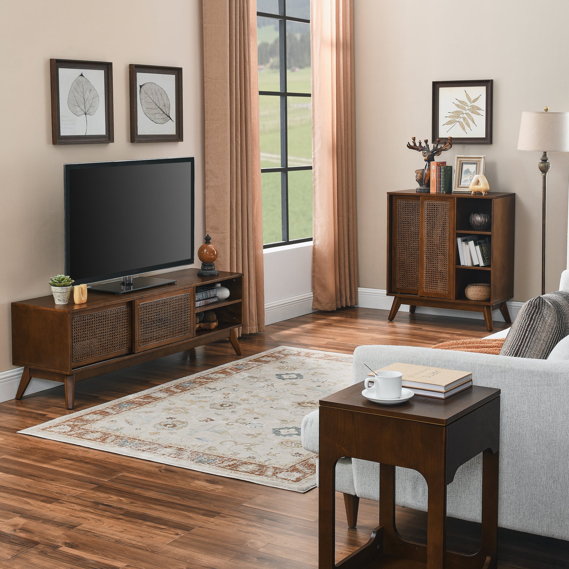 Mid Century Modern Rattan Sideboard Cabinet, Buffet Cabinet For Entryway Hallway Living Room Kitchen Dining Room Bedroom, Adjustable Shelf & Solid Wood Feet & Rattan Cabinet Doors Dark Wood Walnut