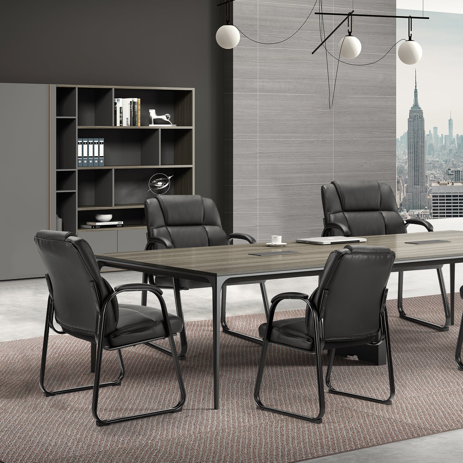 Leather Office Guest Chair No Wheels, Comfy Padded Arms And Seld Base, For Reception Conference Room Black Stainless Steel
