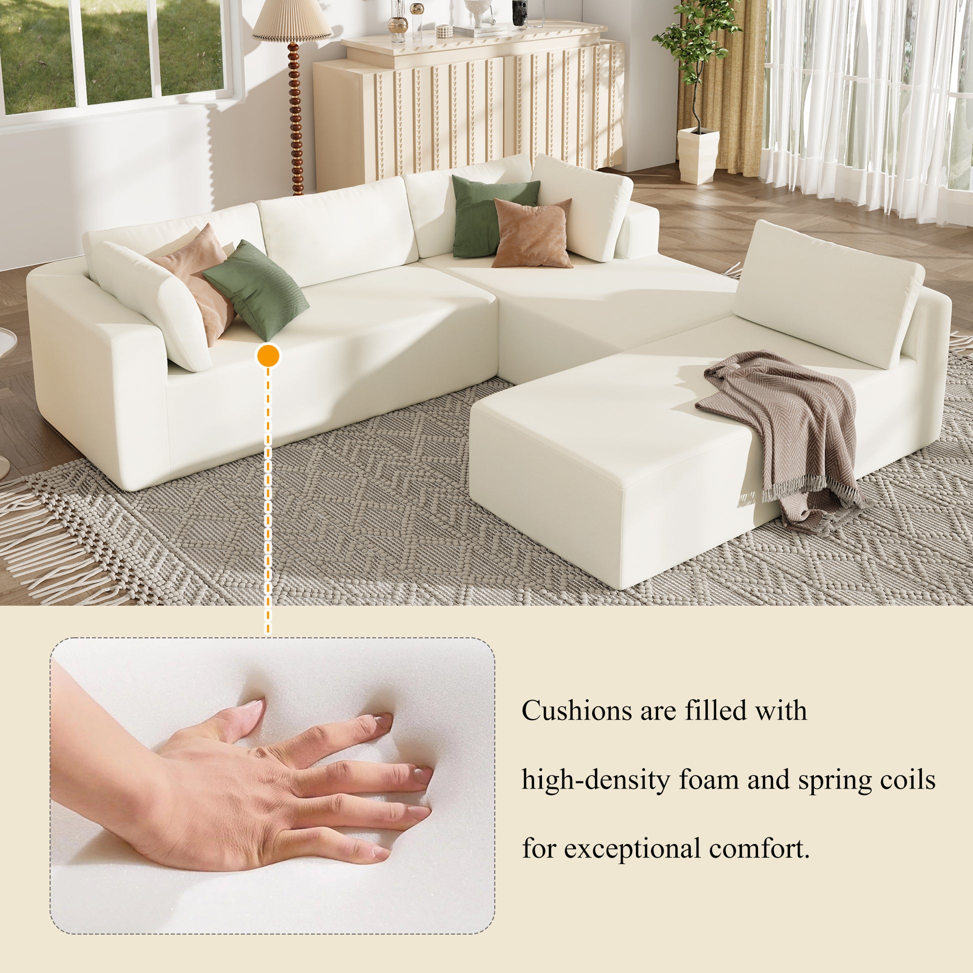 Modern Large Modular Sectional Sofa For Living Room, Bedroom, Salon, 3 Piece Free Combination Beige Polyester 3 Seat