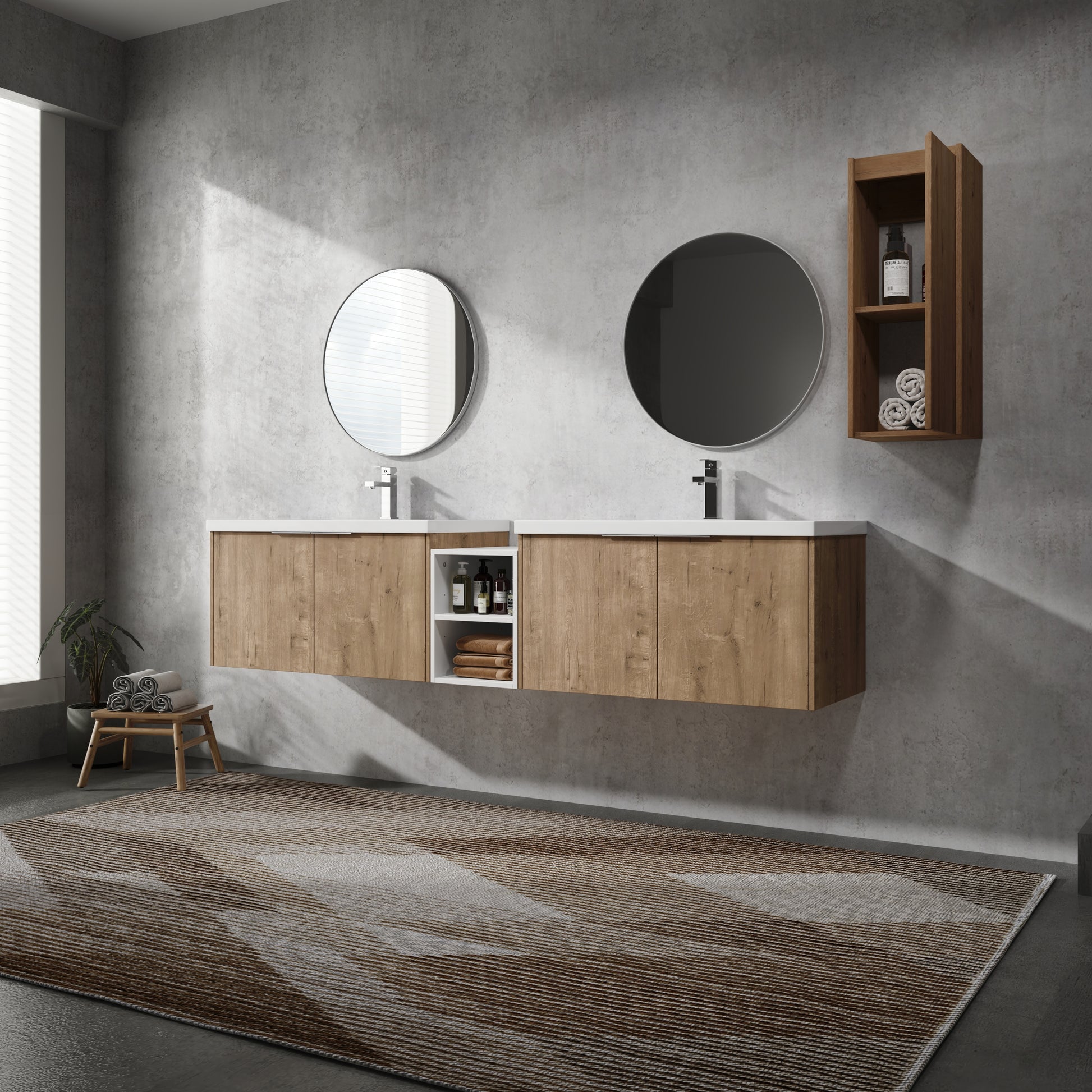 84" Wall Mounted Bathroom Vanity With Sink And Side Cabinet, Soft Close Doors,00112Imo 00636Imox2 0612Gwh Combination Cabinet Kd Packing Imitative Oak Bathroom Modern Plywood Plywood