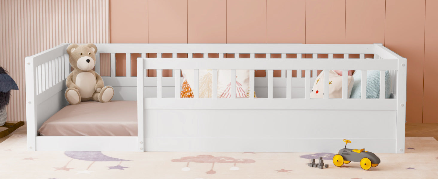 Twin Floor Bed Frame With Fence, Wood Kids Floor Beds Frame For Bedroom Playroom,White Twin White Pine