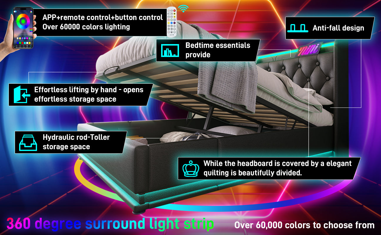 Full Size Upholstered Bed, 360 Surround Led Function, Buttons Apps Remote Control, Hydraulic Storage Bed With Usb Type C Charging, Black,Pu Without Mattress Full Black Pu