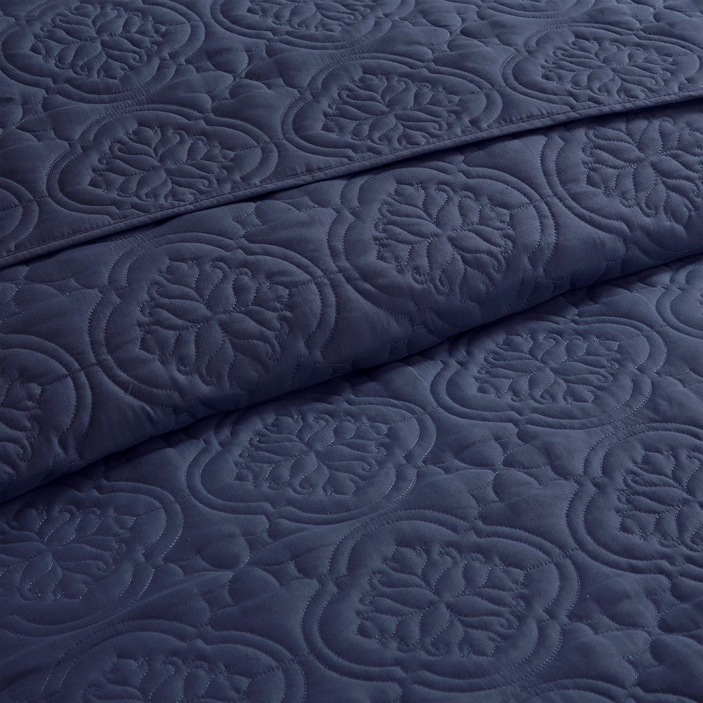 3 Piece Reversible Bedspread Set Navy Full Queen Queen Navy Polyester