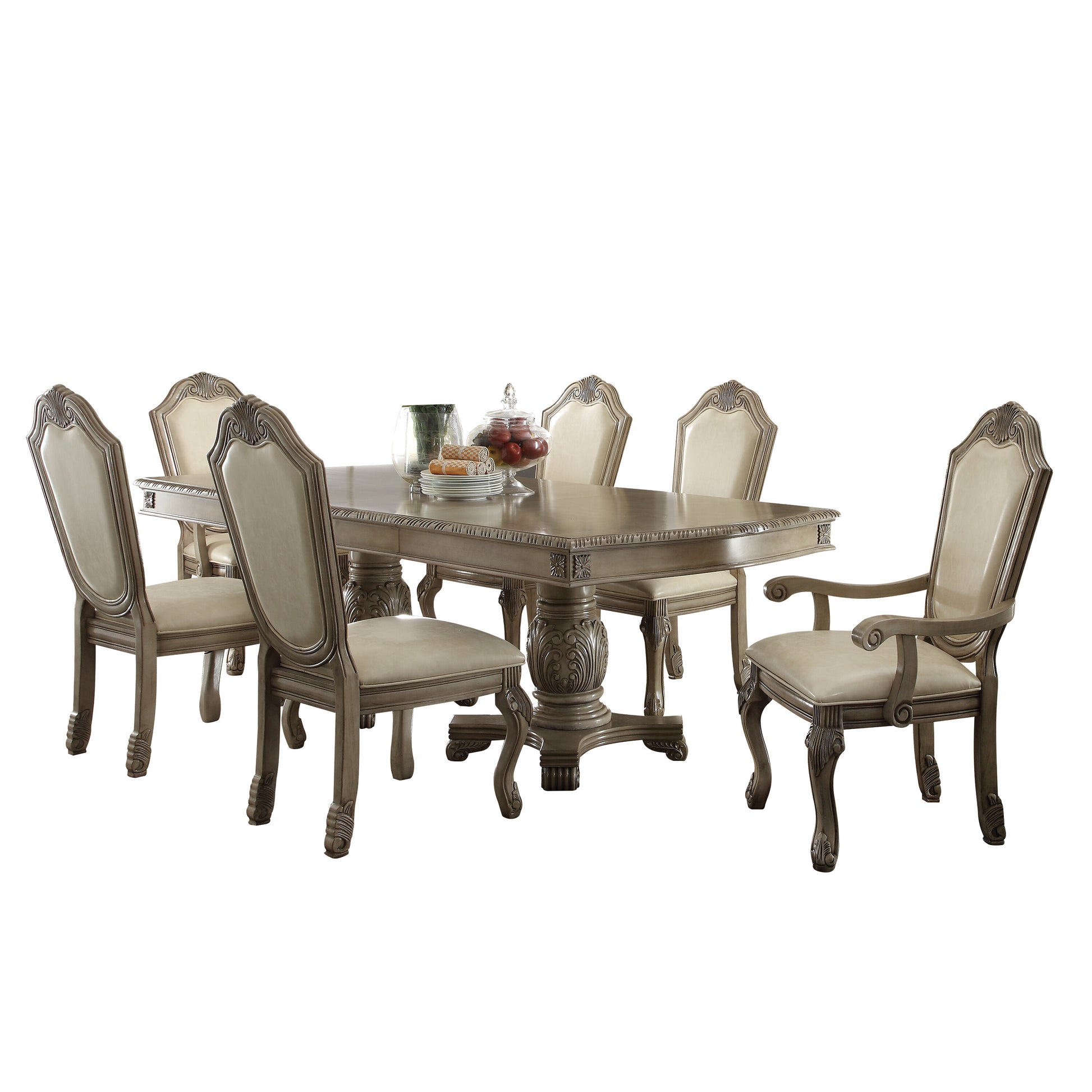 Chateau De Ville Arm Chair Set 2 , Synthetic Leather & Antique White 64068A White Upholstered