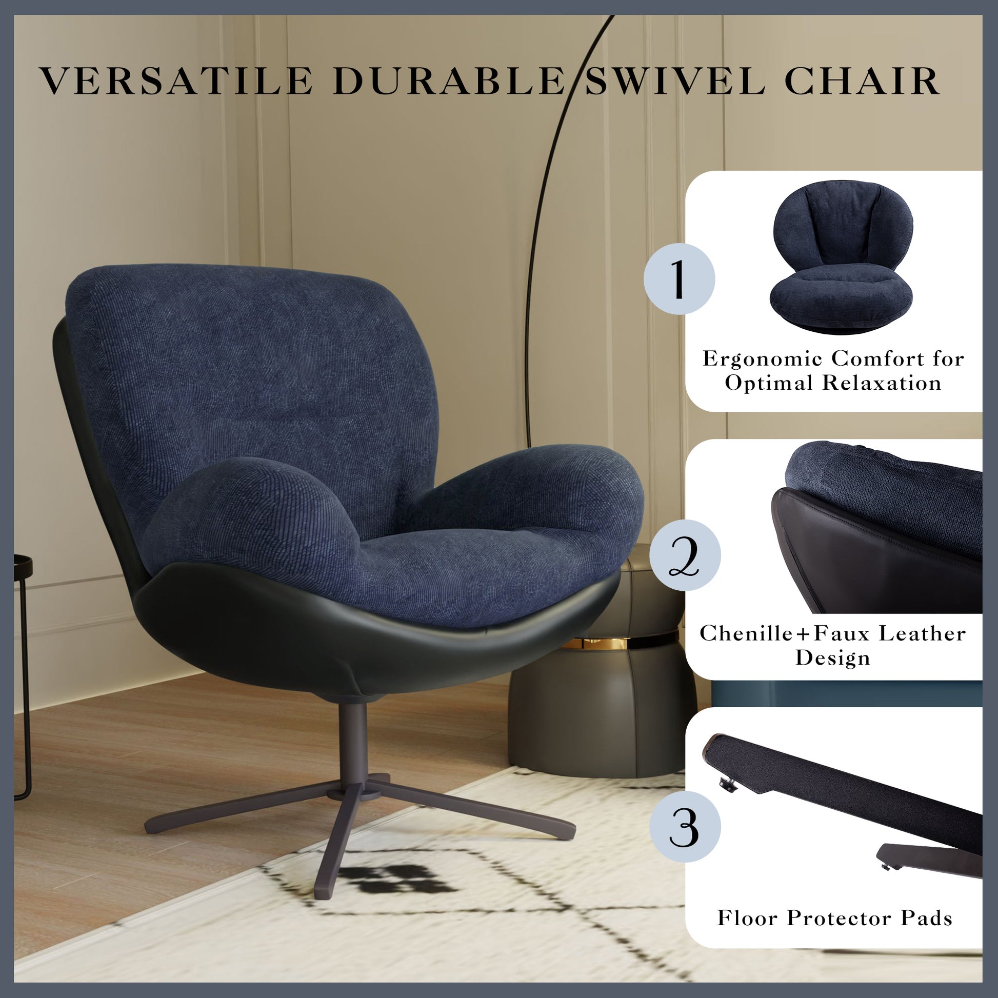 360 Swivel Accent Chair, Modern Chenille Lounge Chair With Faux Leather And Black Metal Base Frame, Comfortable Reading Chair For Small Spaces, Living Room, Bedroom, Reading Corner, Office, Navy Blue Black,Navy Blue Brown Primary Living Space American