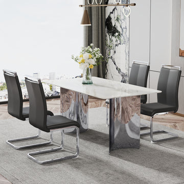 Modern Minimalist Dining Table. Imitation Marble Glass Sticker Desktop, Stainless Steel Legs, Stable And Beautiful. 4 Black Pu Seats. 63 "* 35.4" * 29.5 "Dt 69 C 1162 Silver Glass