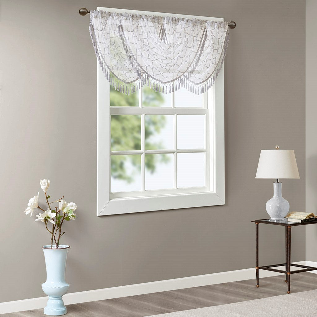 Diamond Sheer Embroidered Waterfall Valance White Grey 38X46" Grey White Polyester