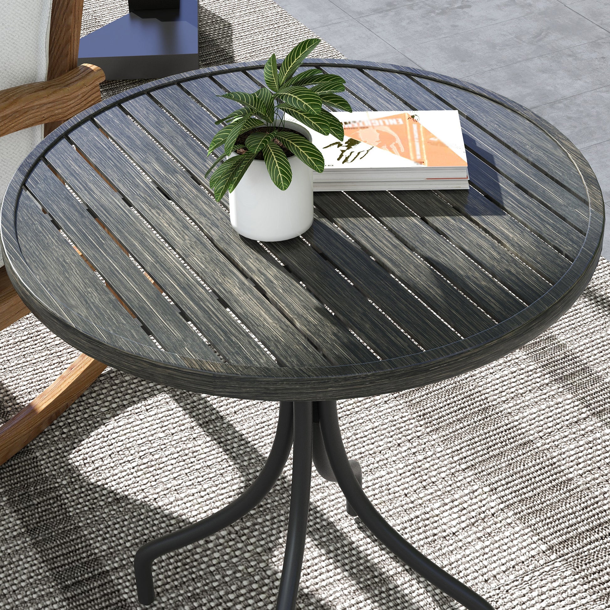 Outsunny Outdoor Side Table, 26" Round Patio Table With Steel Frame And Slat Tabletop For Garden, Backyard, Porch, Balcony, Distressed Gray Gray Steel